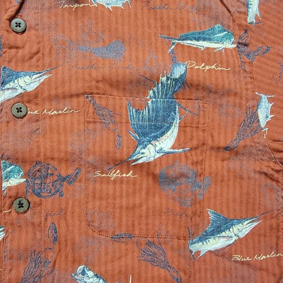 Reel Legends Shirt Mens Medium Orange Button Up Marlin Fish All Over Print - Picture 3 of 9
